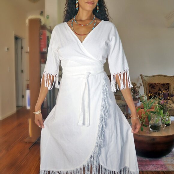 Organic White Boho Linen Wrap Dress w/ Fringe - Picture 3 of 5